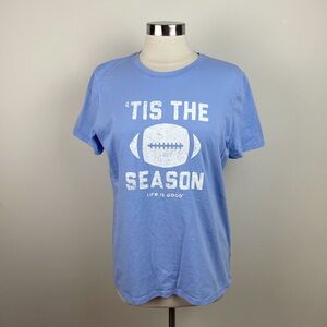Life Is Good Tis The Season Football Sports Blue White Short Sleeve Tee Shirt